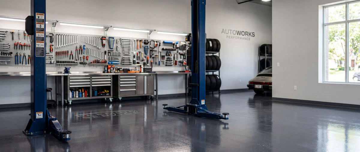 Car lift in a clean auto shop