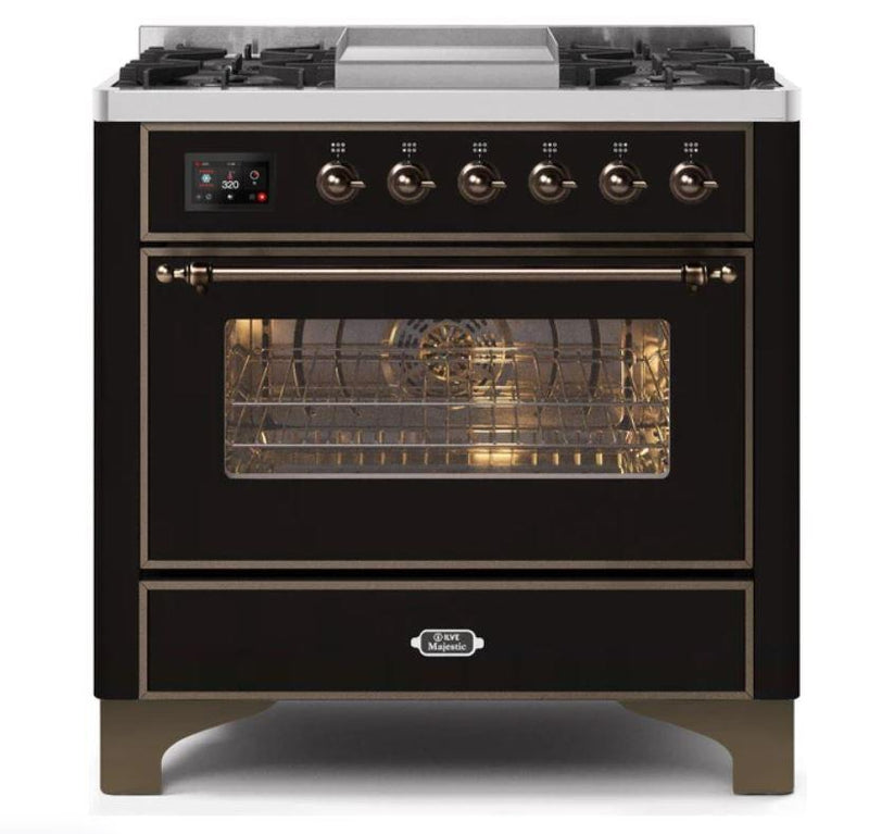 ILVE 36 Inch Majestic II Series Dual Fuel Natural Gas Range with 6 Burners and Griddle with 3.5 cu. ft. Oven Capacity TFT Oven Control Display (UM09FDNS3)