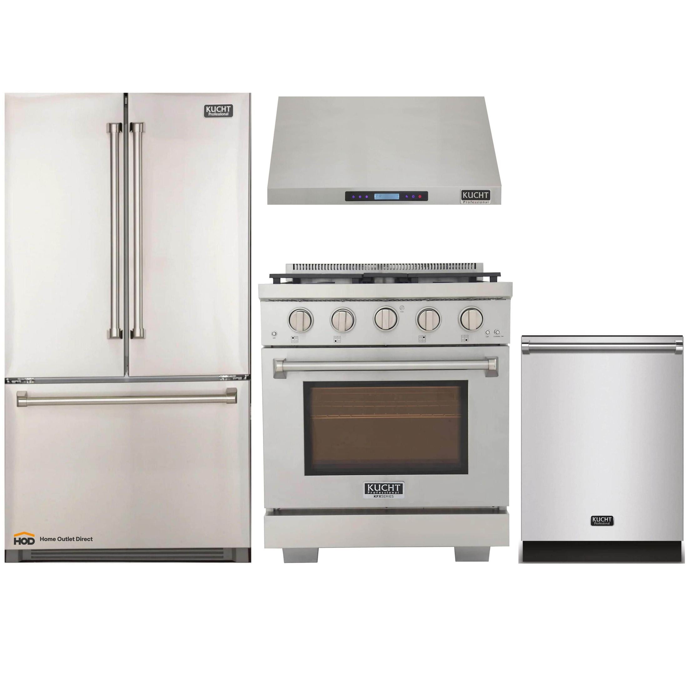 Kucht 4Piece Appliance Package 30Inch Gas Range, Refrigerator, Und