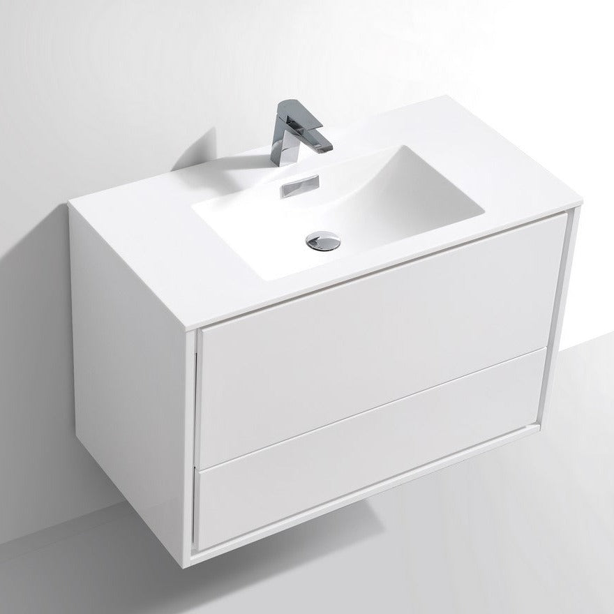 KubeBath DeLusso 36" High Glossy White Wall Mount Modern Bathroom Vani