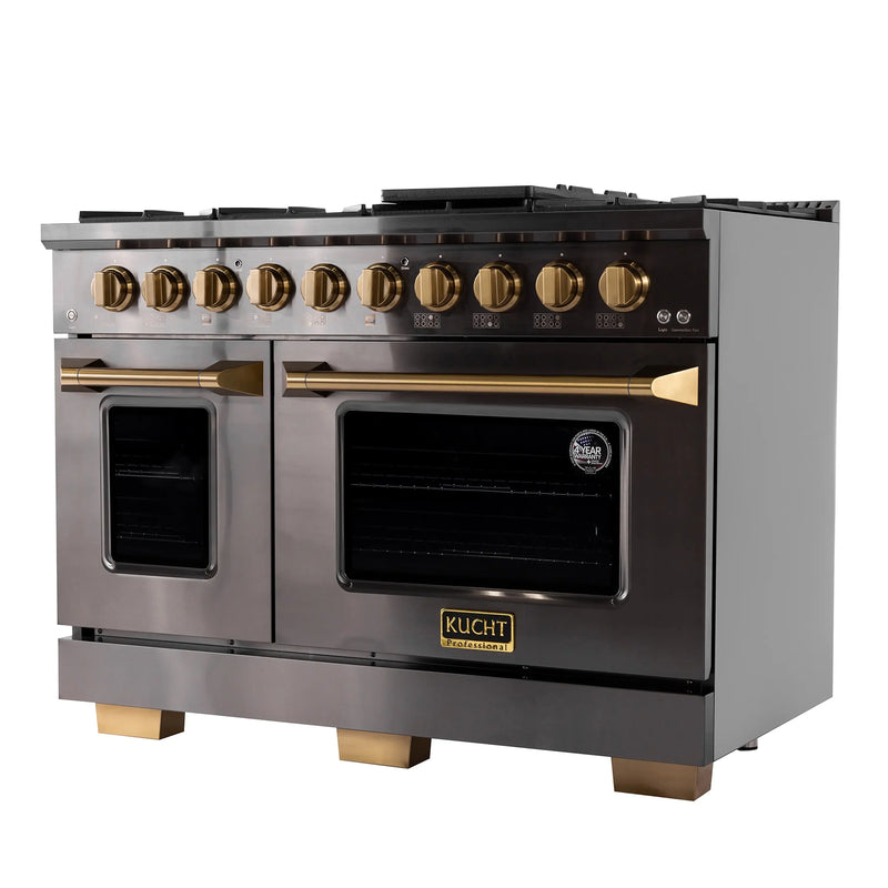 KUCHT Gemstone Professional 48-Inch 6.7 cu. ft. Propane Gas Range with Sealed Burners, Griddle/Grill and Two Ovens - One Convection - in Titanium Stainless Steel (KEG483/LP)