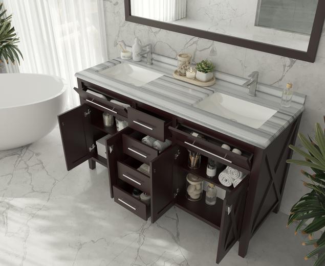 Laviva Wimbledon 60" Brown Double Sink Bathroom Vanity with White Stripes Marble Countertop 313YG319-60B-WS