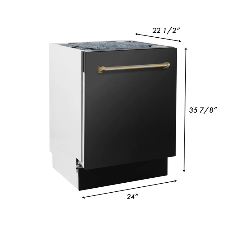 ZLINE Autograph Series 24 inch Tall Dishwasher in Black Stainless Steel with Champagne Bronze Handle, DWVZ-BS-24-CB