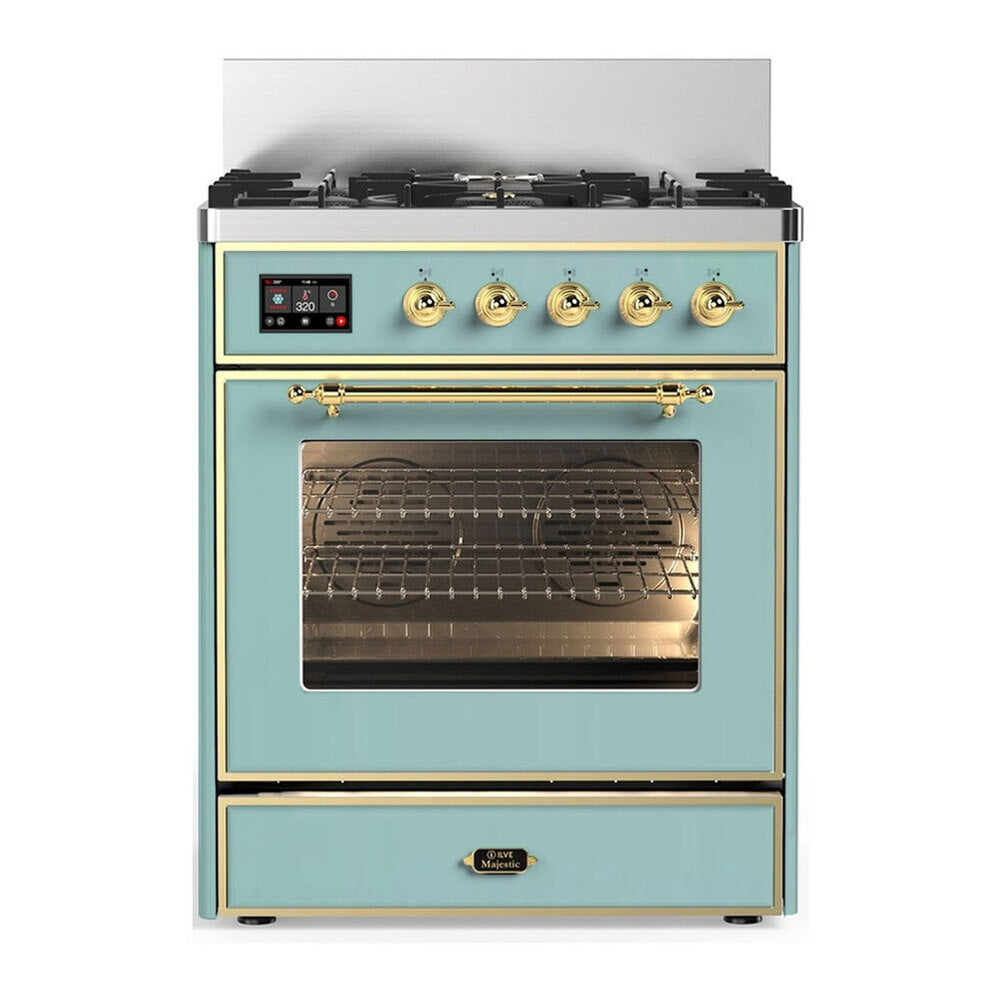 ILVE Majestic III 30 inch range in Mediterranean Mint with brass trim