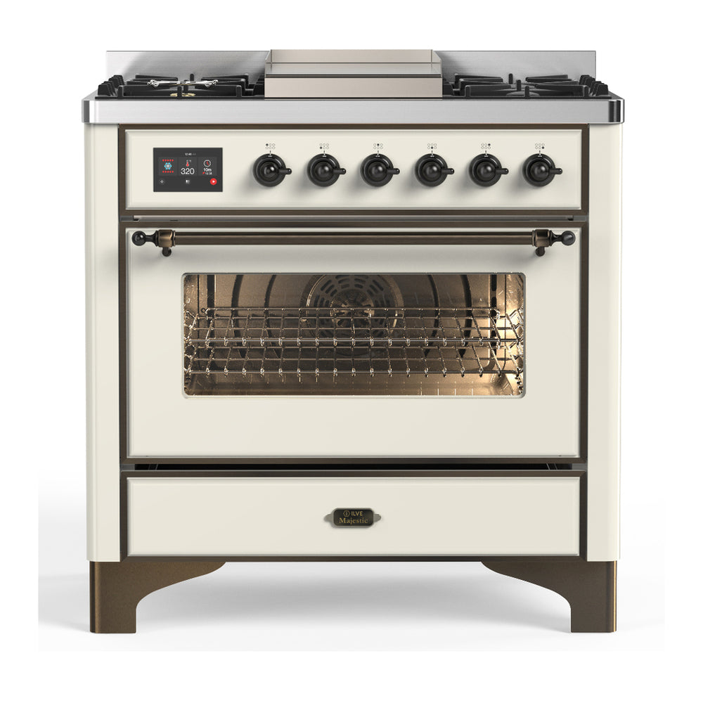 ILVE Majestic III 36 inch dual fuel range in Antique White with burnished trim