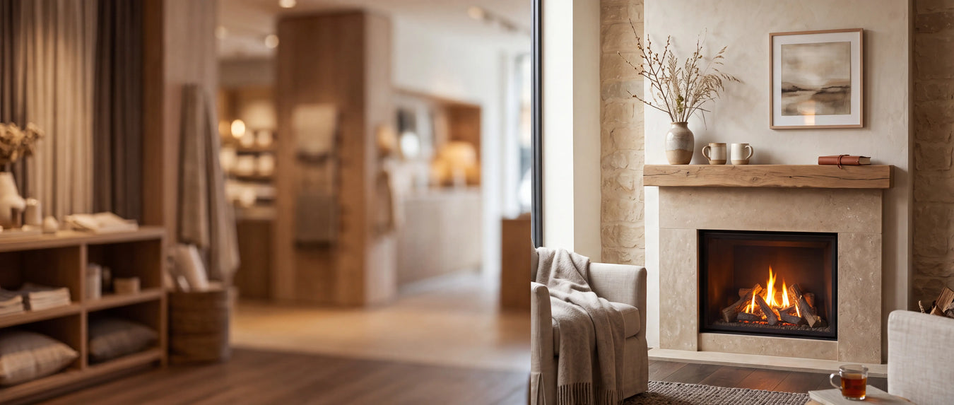 Fireplace collection — elegant hearth wall with warm fireplace glow