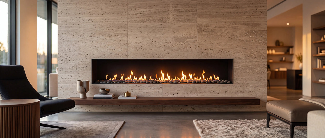 Majestic gas fireplaces — architectural linear flame in luxury stone