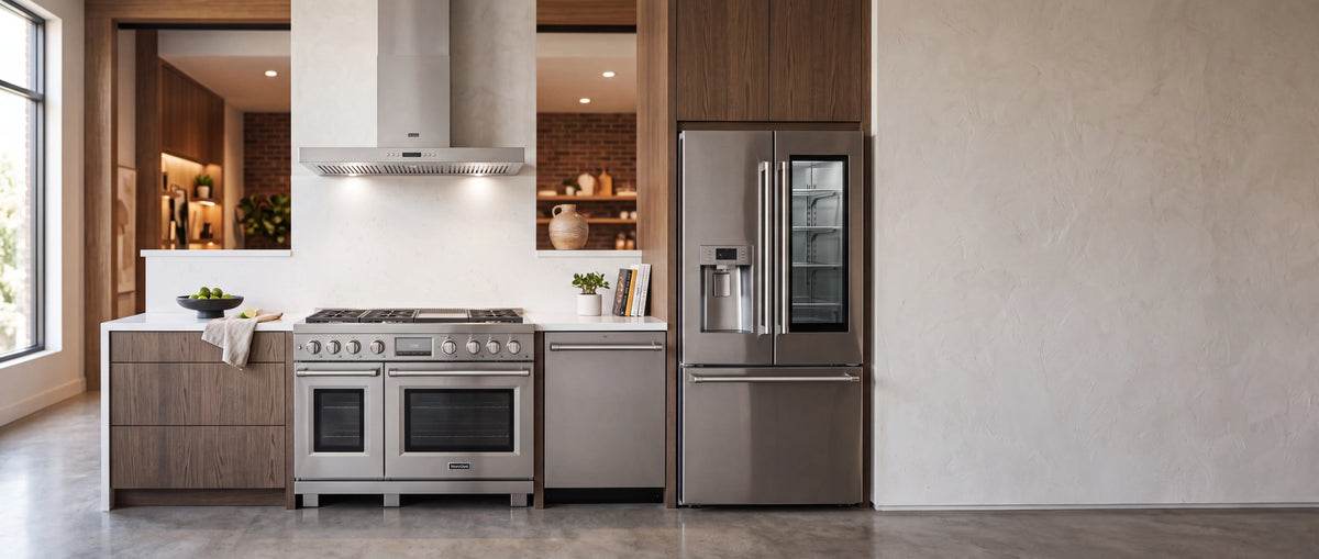 Kitchen with a matching range, hood and refrigerator