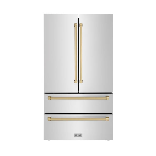 ZLINE Autograph Edition 36 in. 22.5 cu. ft. Counter-Depth French Door Refrigerator with Ice Maker in Fingerprint-Resistant Stainless Steel with Champagne Bronze Traditional Handles (RFMZ-36-CB)