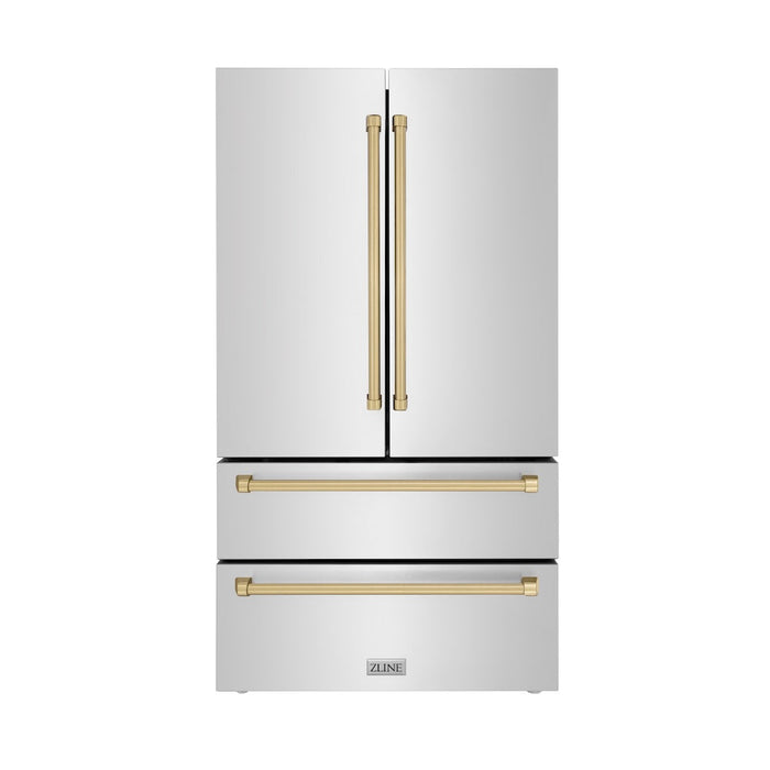 ZLINE Autograph Edition 36 in. 22.5 cu. ft. Counter-Depth French Door Refrigerator with Ice Maker in Fingerprint-Resistant Stainless Steel with Champagne Bronze Traditional Handles (RFMZ-36-CB)