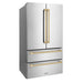 ZLINE Autograph Edition 36 in. 22.5 cu. ft. Counter-Depth French Door Refrigerator with Ice Maker in Fingerprint-Resistant Stainless Steel with Champagne Bronze Traditional Handles (RFMZ-36-CB)