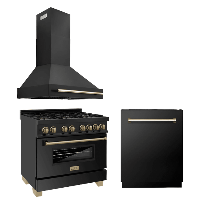 ZLINE 36" Autograph Edition Kitchen Package with Black Stainless Steel Dual Fuel Range, Range Hood and Dishwasher with Matte Black Accents