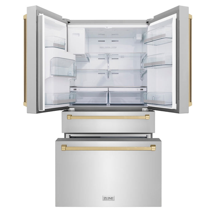 ZLINE Autograph Edition 36 in. 21.6 cu. ft. Counter-Depth French Door Refrigerator with Water and Ice Dispenser in Fingerprint-Resistant Stainless Steel with Champagne Bronze Traditional Handles (RFMZ-W-36-CB)