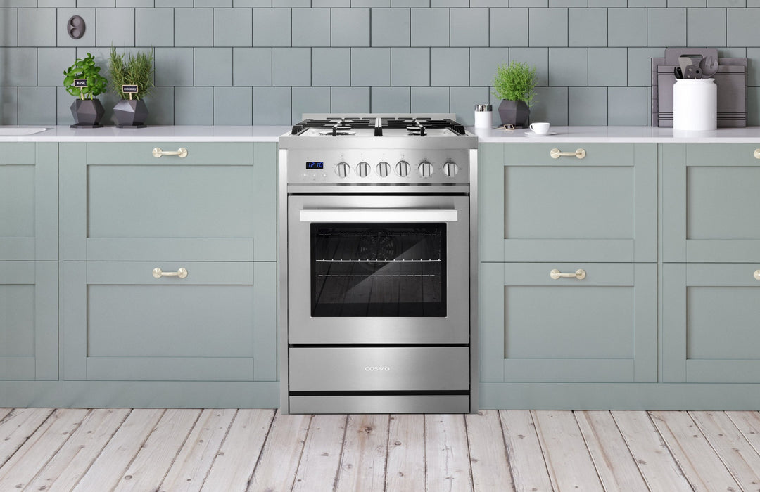 Cosmo 24 in. 2.73 cu. ft. Single Oven Gas Range with 4 Burner Cooktop and Heavy Duty Cast Iron Grates in Stainless Steel - COS-244AGC