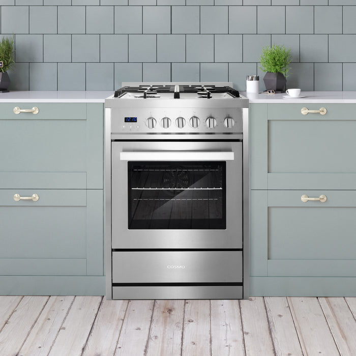 Cosmo 24 in. 2.73 cu. ft. Single Oven Gas Range with 4 Burner Cooktop and Heavy Duty Cast Iron Grates in Stainless Steel - COS-244AGC