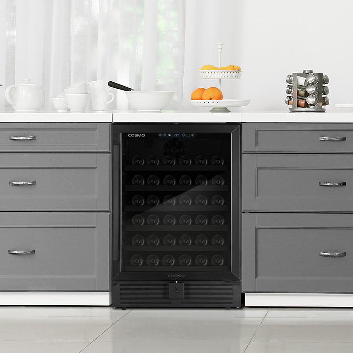 Cosmo Lumin Collection 24 in. 52-Bottle Single Zone Compressor Wine Cooler, Digital Controls, LED Lighting, Matte Black - COS-24BIWCS-BK