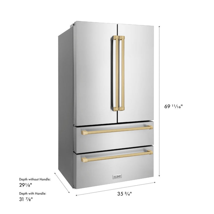 ZLINE Autograph Edition 36 in. 22.5 cu. ft. Counter-Depth French Door Refrigerator with Ice Maker in Fingerprint-Resistant Stainless Steel with Champagne Bronze Traditional Handles (RFMZ-36-CB)
