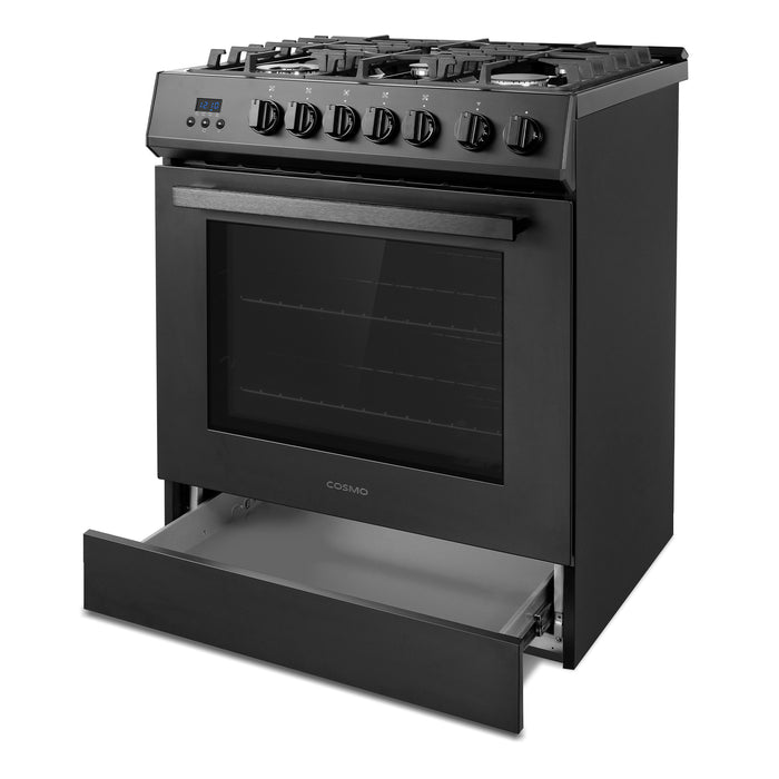 Cosmo 30 in. Nebula Collection 5.0 cu. ft. Gas Range, 5 Burners, Rapid Convection Oven, Cast Iron Grates in Matte Black - COS-305AGC-BK