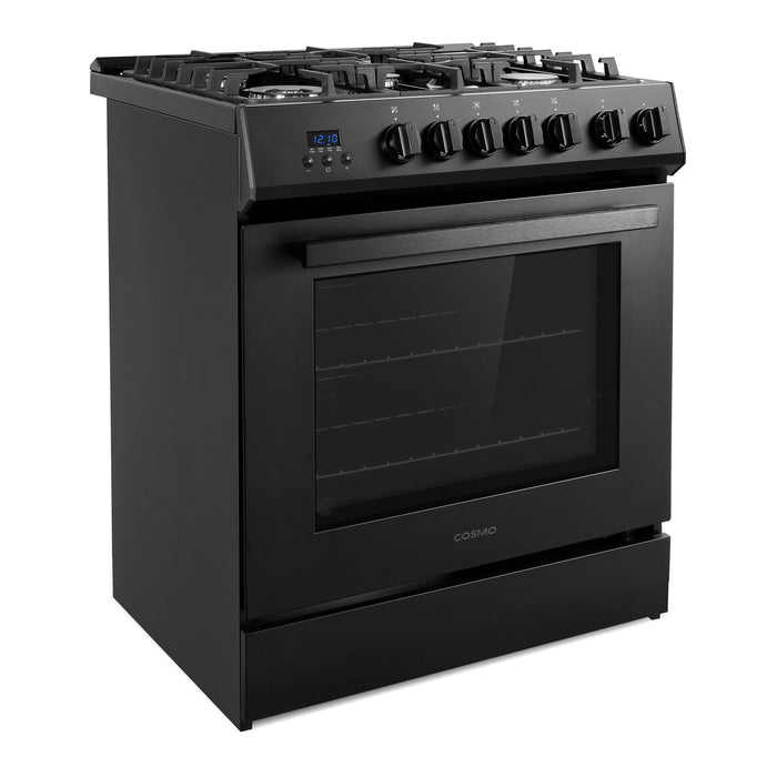 Cosmo 30 in. Nebula Collection 5.0 cu. ft. Gas Range, 5 Burners, Rapid Convection Oven, Cast Iron Grates in Matte Black - COS-305AGC-BK
