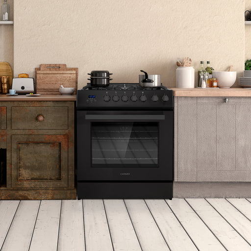 Cosmo 30 in. Nebula Collection 5.0 cu. ft. Gas Range, 5 Burners, Rapid Convection Oven, Cast Iron Grates in Matte Black - COS-305AGC-BK