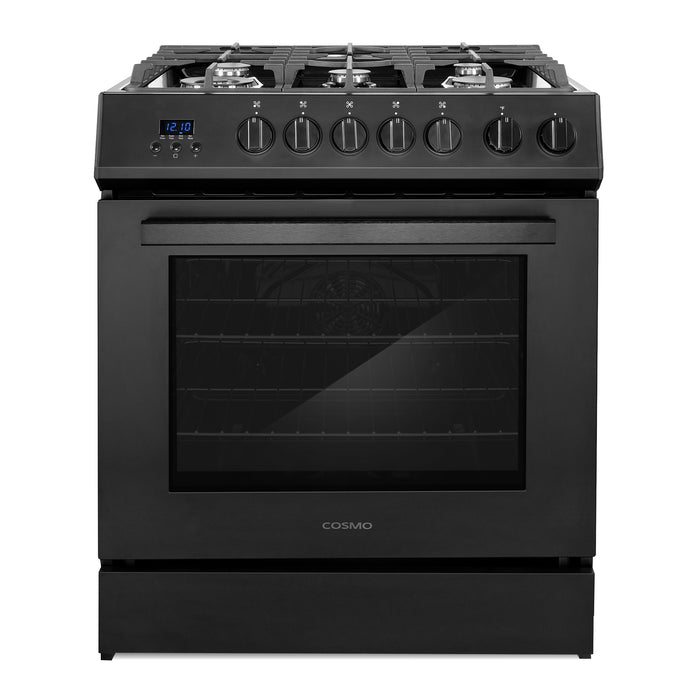 Cosmo 30 in. Nebula Collection 5.0 cu. ft. Gas Range, 5 Burners, Rapid Convection Oven, Cast Iron Grates in Matte Black - COS-305AGC-BK