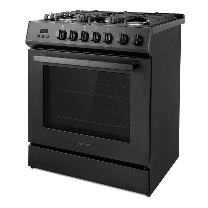 Cosmo 30 in. Nebula Collection 5.0 cu. ft. Gas Range, 5 Burners, Rapid Convection Oven, Cast Iron Grates in Matte Black - COS-305AGC-BK
