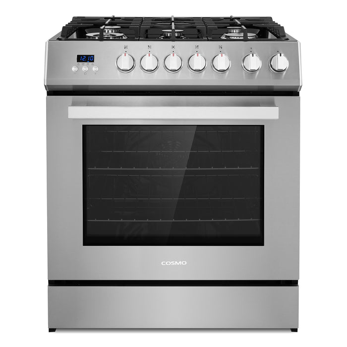 Cosmo 30 in. 5.0 cu. ft. Single Oven Gas Range with 5 Burner Cooktop and Heavy Duty Cast Iron Grates in Stainless Steel - COS-305AGC