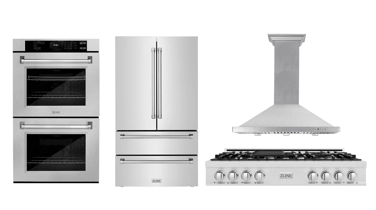 ZLINE Kitchen Package with Satin Stainless Steel Refrigeration, 48" Rangetop, 48" Range Hood and 30" Double Wall Oven