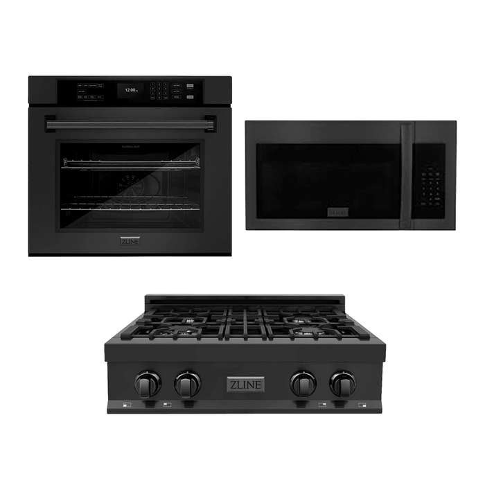 ZLINE Kitchen Package with 30" Black Stainless Steel Rangetop, 30" Over The Range Microwave with Modern Handle and 30" Single Wall Oven