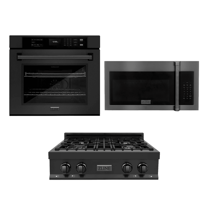 ZLINE Kitchen Package with 30" Black Stainless Steel Rangetop, 30" Over The Range Microwave with Traditional Handle and 30" Single Wall Oven