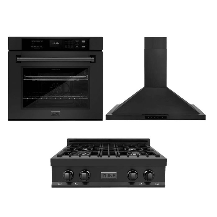 ZLINE Kitchen Package with 30" Black Stainless Steel Rangetop, 30" Convertible Range Hood and 30" Single Wall Oven