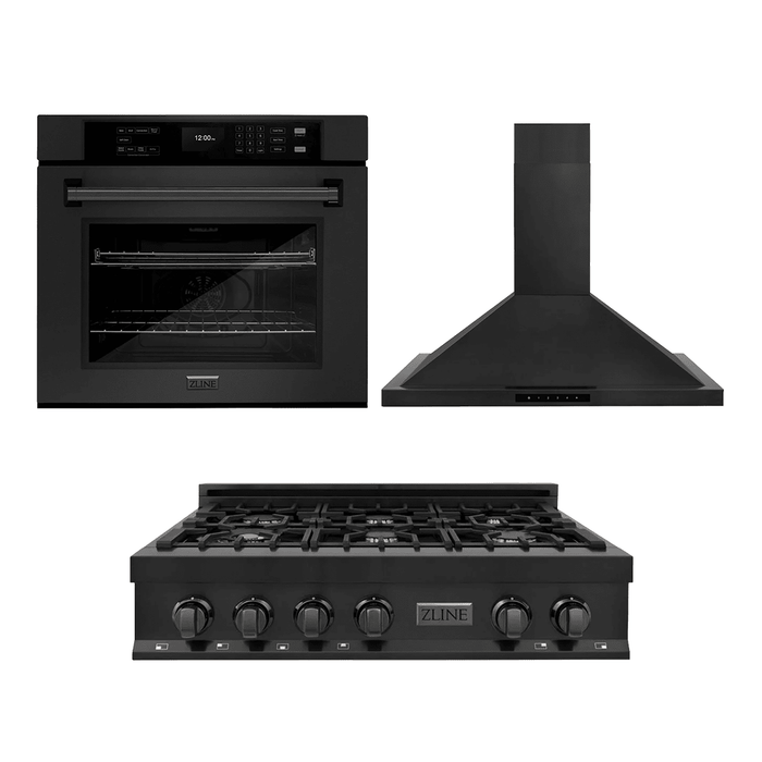 ZLINE Kitchen Package with 36" Black Stainless Steel Rangetop, 36" Convertible Range Hood and 30" Single Wall Oven