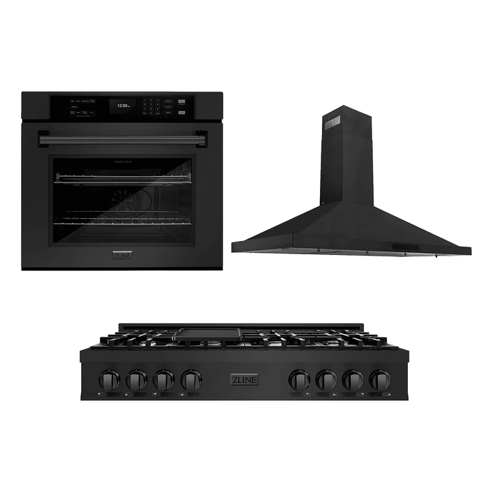 ZLINE Kitchen Package with 48" Black Stainless Steel Rangetop, 48" Convertible Range Hood and 30" Single Wall Oven