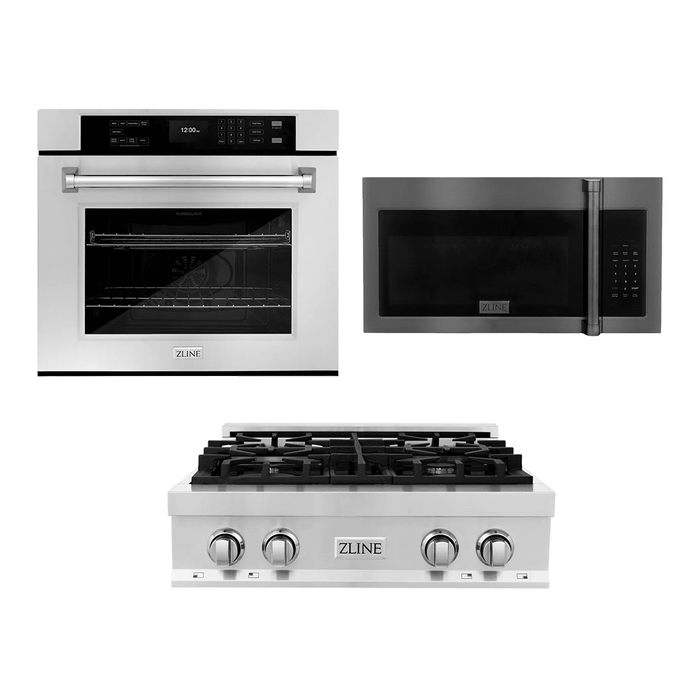 ZLINE Kitchen Package with 30" Stainless Steel Rangetop, 30" Over The Range Microwave with Traditional Handle and 30" Single Wall Oven