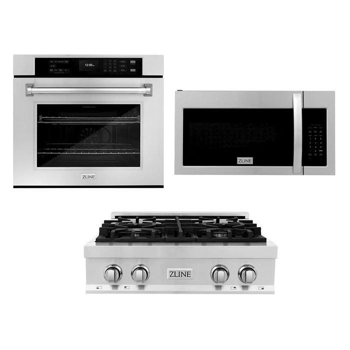 ZLINE Kitchen Package with 30" Stainless Steel Rangetop, 30" Over The Range Microwave with Modern Handle and 30" Single Wall Oven