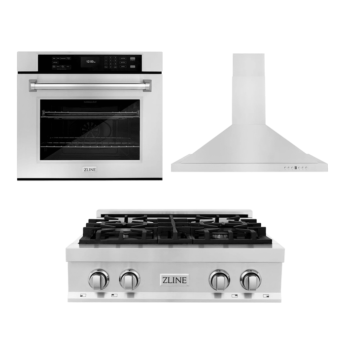 ZLINE Kitchen Package with 30" Stainless Steel Rangetop, 30" Convertible Range Hood and 30" Single Wall Oven