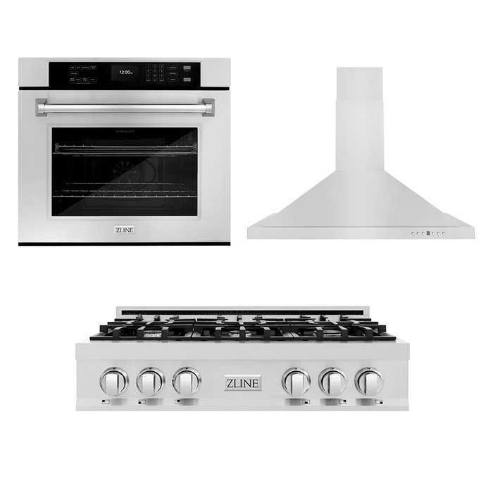 ZLINE Kitchen Package with 36" Stainless Steel Rangetop, 36" Convertible Range Hood and 30" Single Wall Oven