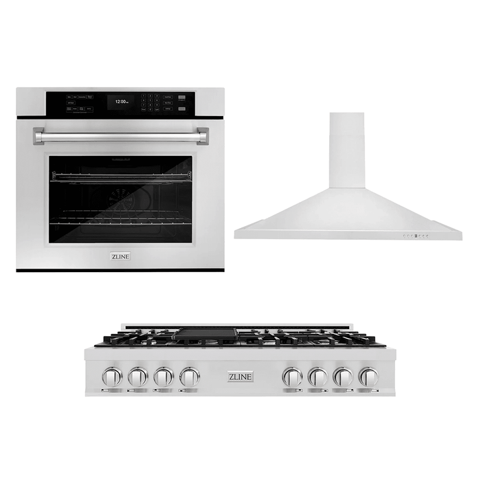 ZLINE Kitchen Package with 48" Stainless Steel Rangetop, 48" Convertible Range Hood and 30" Single Wall Oven