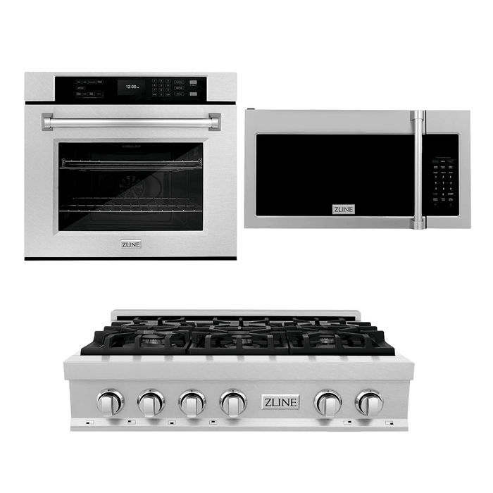 ZLINE Kitchen Package with 30" Satin Stainless Steel Rangetop, 30" Over The Range Microwave with Modern Handle and 30" Single Wall Oven