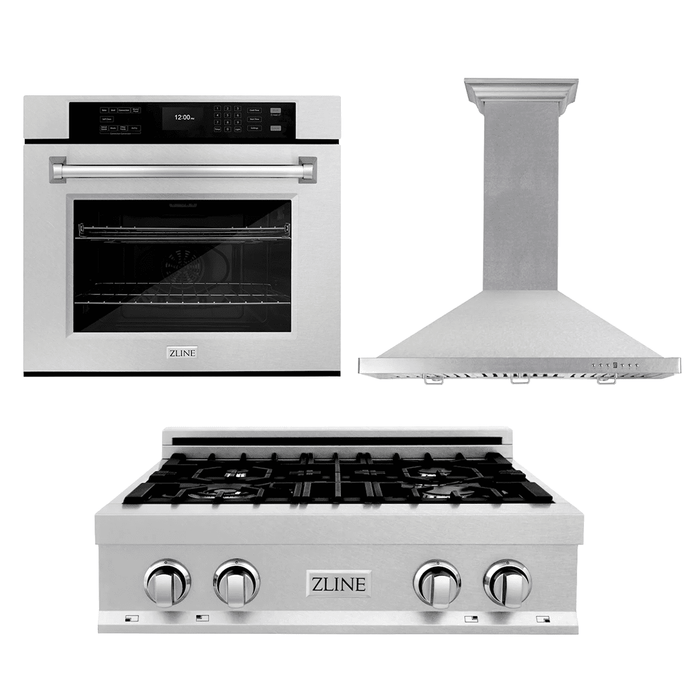 ZLINE Kitchen Package with 30" Satin Stainless Steel Rangetop, 30" Convertible Range Hood and 30" Single Wall Oven