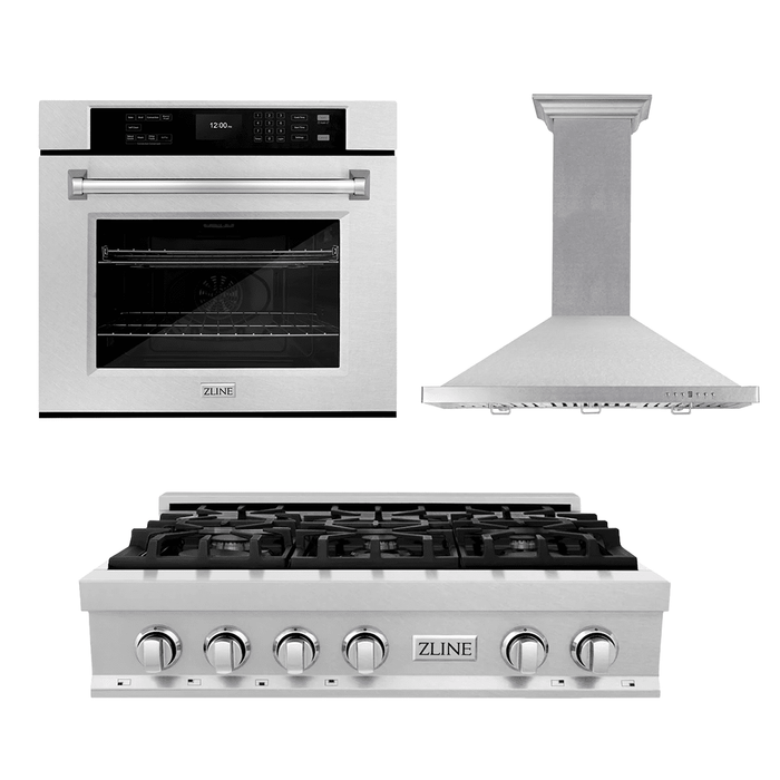 ZLINE Kitchen Package with 36" Satin Stainless Steel Rangetop, 36" Convertible Range Hood and 30" Single Wall Oven