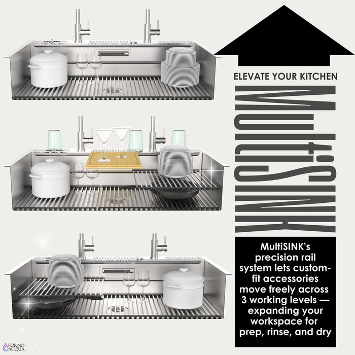 FORNO ACQUA 45 in. Drop-In/Undermount 3-Level Workstation Sink with Two Faucets & Glass Rinser