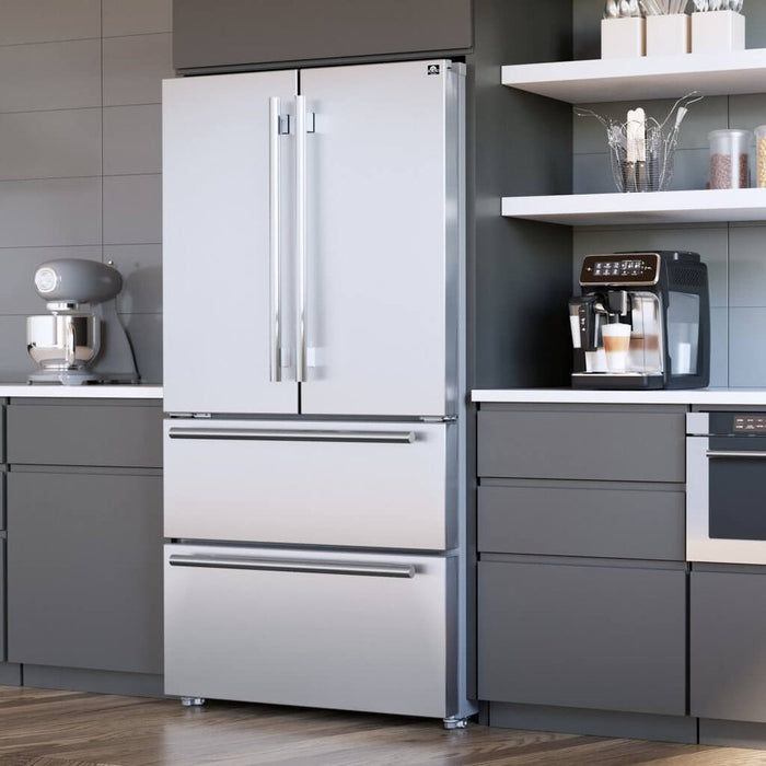 Forno 5-Piece Appliance Package - 48-Inch Gas Range, Refrigerator, Wall Mount Hood, Microwave Oven, & 3-Rack Dishwasher in Stainless Steel