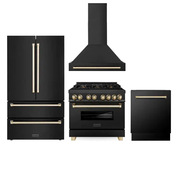 ZLINE 36" Autograph Edition Kitchen Package with Black Stainless Steel Dual Fuel Range, Range Hood, Dishwasher and Refrigeration with Polished Gold Accents