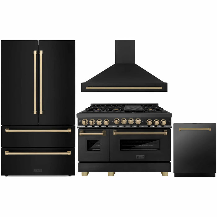 ZLINE 48" Autograph Edition Kitchen Package with Black Stainless Steel Dual Fuel Range, Range Hood, Dishwasher and Refrigeration with Champagne Bronze Accents