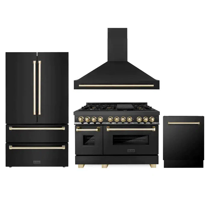ZLINE 48" Autograph Edition Kitchen Package with Black Stainless Steel Dual Fuel Range, Range Hood, Dishwasher and Refrigeration with Polished Gold Accents