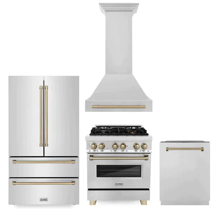ZLINE 30" Autograph Edition Kitchen Package with Stainless Steel Dual Fuel Range, Range Hood, Dishwasher and Refrigeration with Champagne Bronze Accents