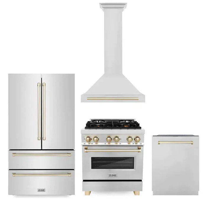 ZLINE 30" Autograph Edition Kitchen Package with Stainless Steel Dual Fuel Range, Range Hood, Dishwasher and Refrigeration with Polished Gold Accents