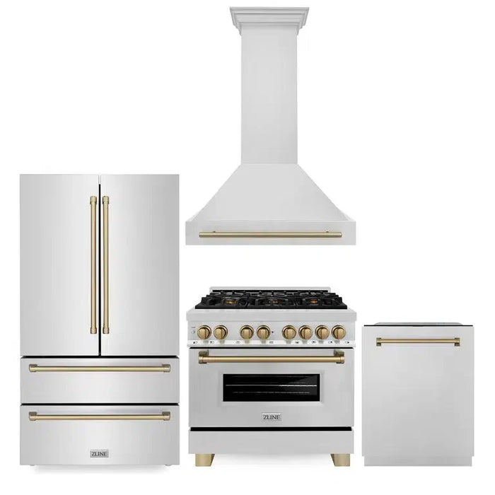 ZLINE 36" Autograph Edition Kitchen Package with Stainless Steel Dual Fuel Range, Range Hood, Dishwasher and Refrigeration with Champagne Bronze Accents