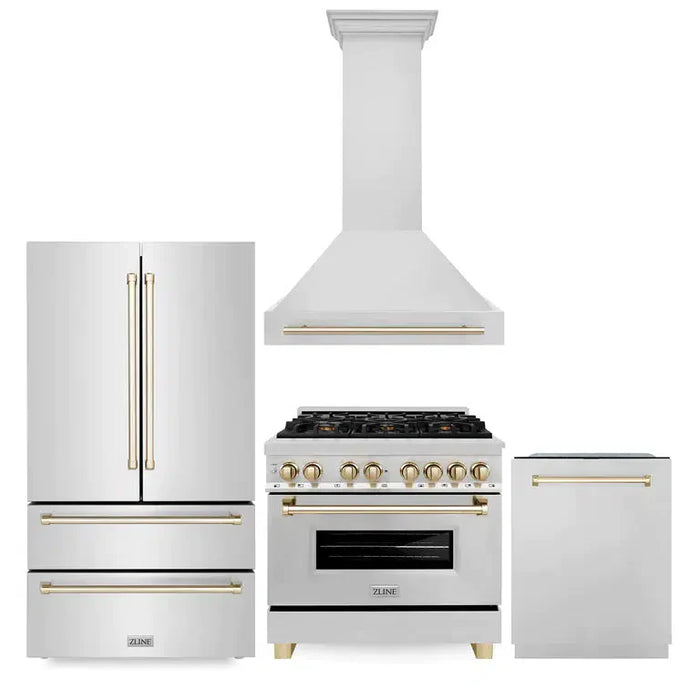 ZLINE 36" Autograph Edition Kitchen Package with Stainless Steel Dual Fuel Range, Range Hood, Dishwasher and Refrigeration with Polished Gold Accents